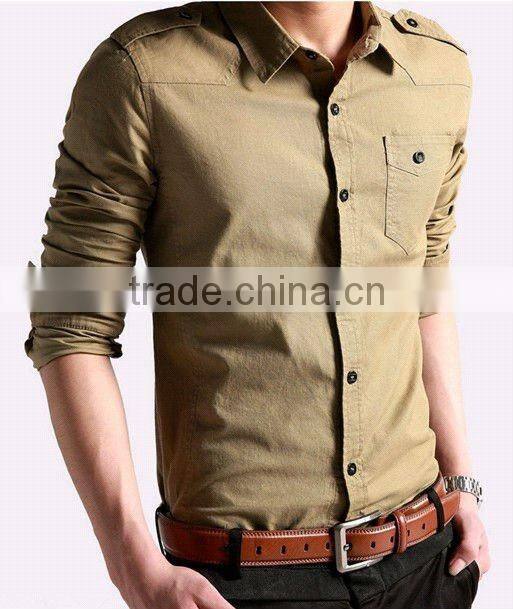 New Elegant Khaki 100%Cotton Men fancy casual Shoulder strap shirt with square collar