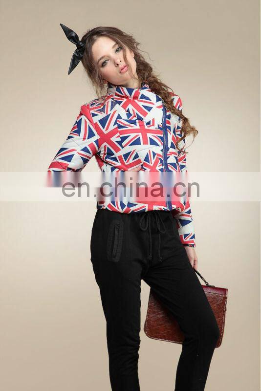 english flag printed short length stand collar oblique zipper down coats for elegant girls