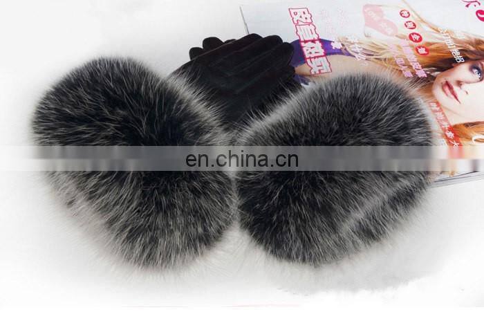 Genuine Sheepskin Leather Gloves Real Fox Fur Cuffs Gloves for Women Winter Leather Glove