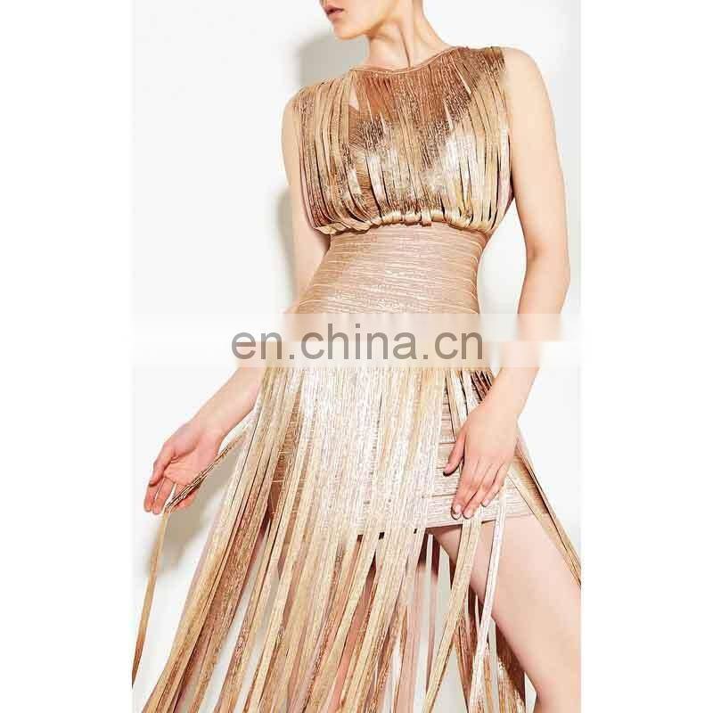 Amigo 2017 New Style Selena Foil Draped Bandage Dress Tassel Backless Bandage Gown Maxi Dress