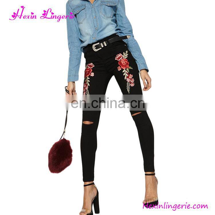 Wholesale Latest Designs Embroidery Light Blue Loose Girls Jeans Pants