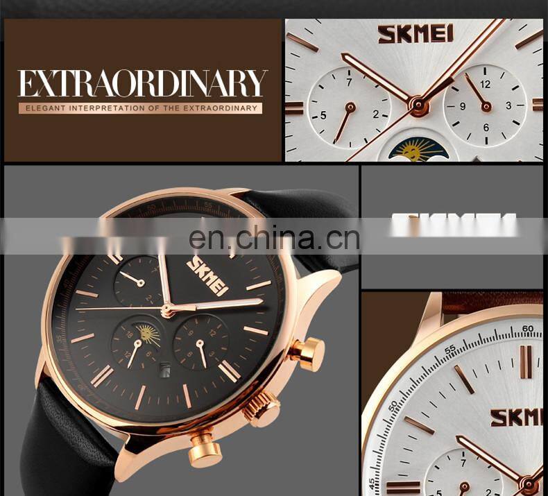 SKMEI 9117 Japan movt quartz watch stainless steel back wristwatch with leather strap