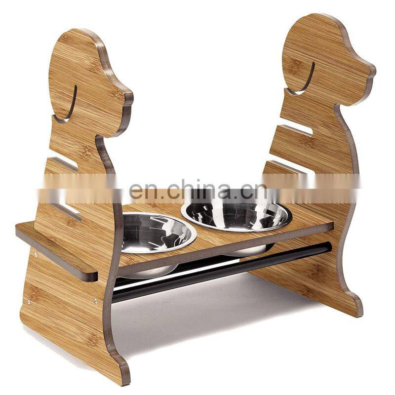 Bamboo Pet Feeder Puppy Style Height Adjustable Raised Kitchen Pet Feeding Station w/ Stainless Steel Food Bowls for Dogs & Cats