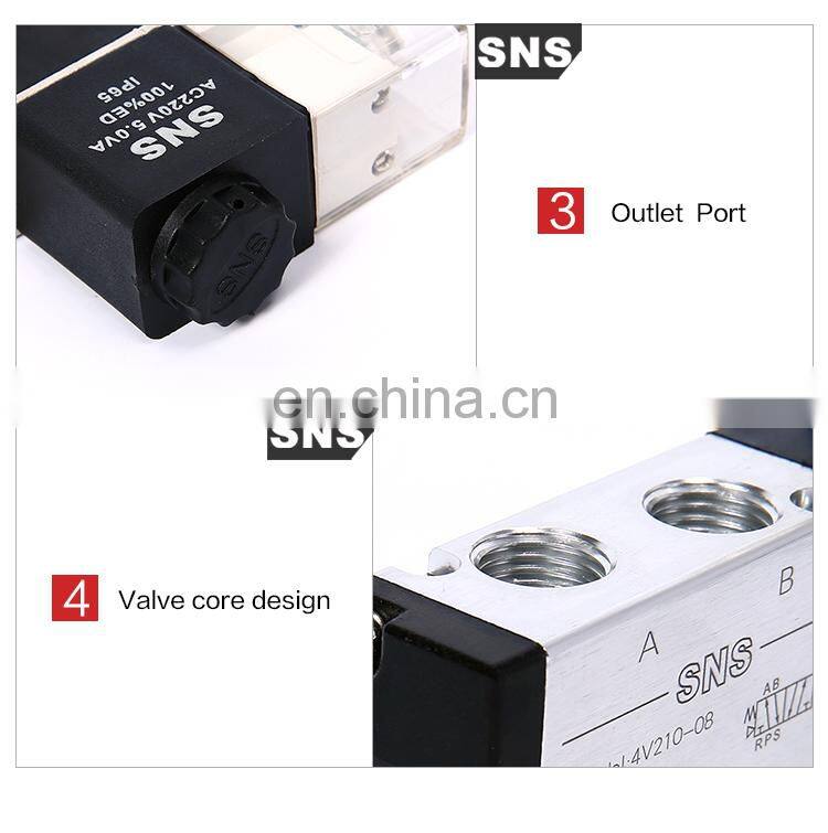 SNS 4V2 series pneumatic 5/2 way solenoid operated directional control valve, 12V/24VDC/220VAC solenoid valve