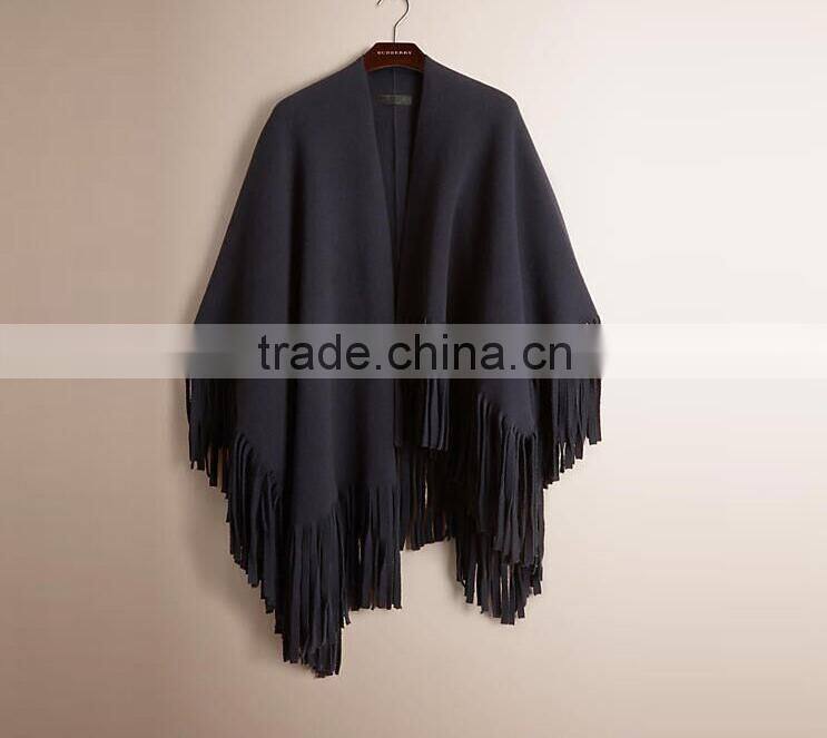 Latest Style Navy Blue Color Tassel Poncho Wool Shawl