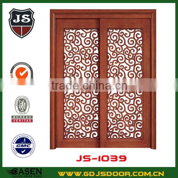 Rustic interior room flower carving wood frame sliding glass door