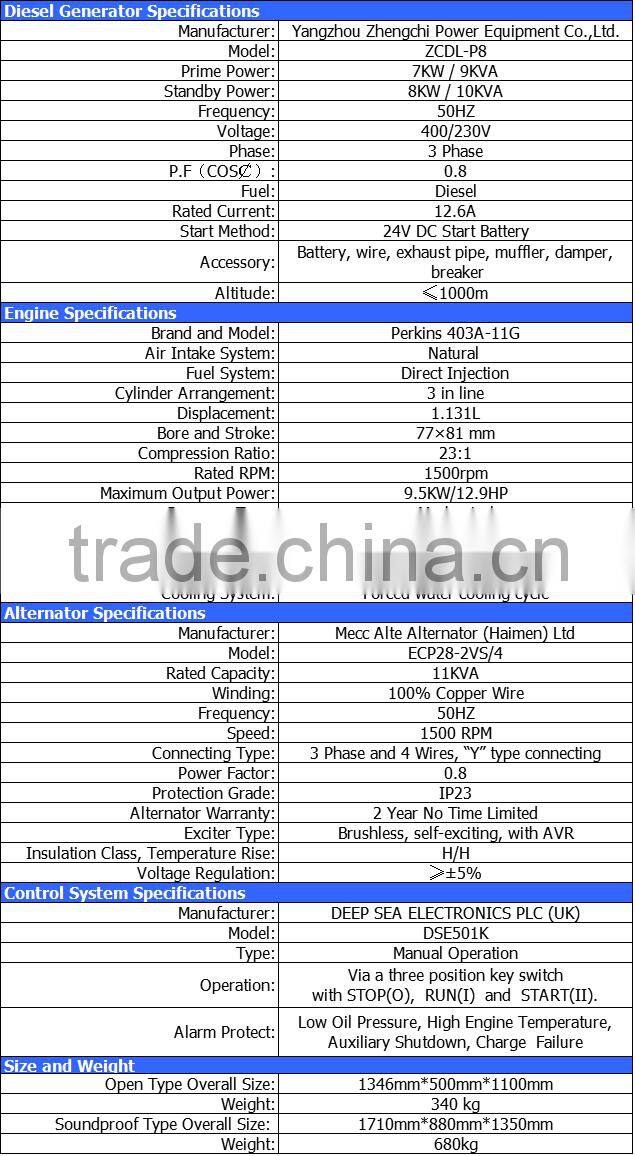 50HZ 7KW / 9KVA diesel generator with UK egine 403D-11G