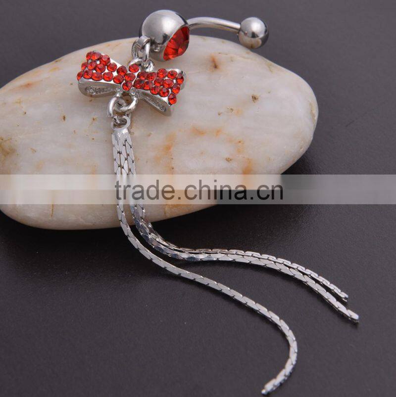 Multi Color Gems Paved Bowknot with Tassel Drop Charms Dangle Belly Button Naval Ring.