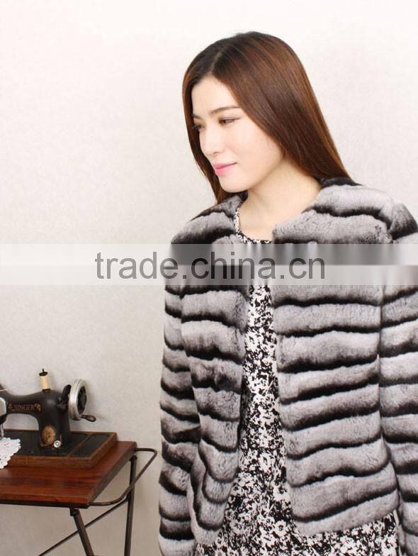 Luxurious Real Chinchilla Rex Rabbit Fur Coat For Sexy Women / Long Fur Overcoat
