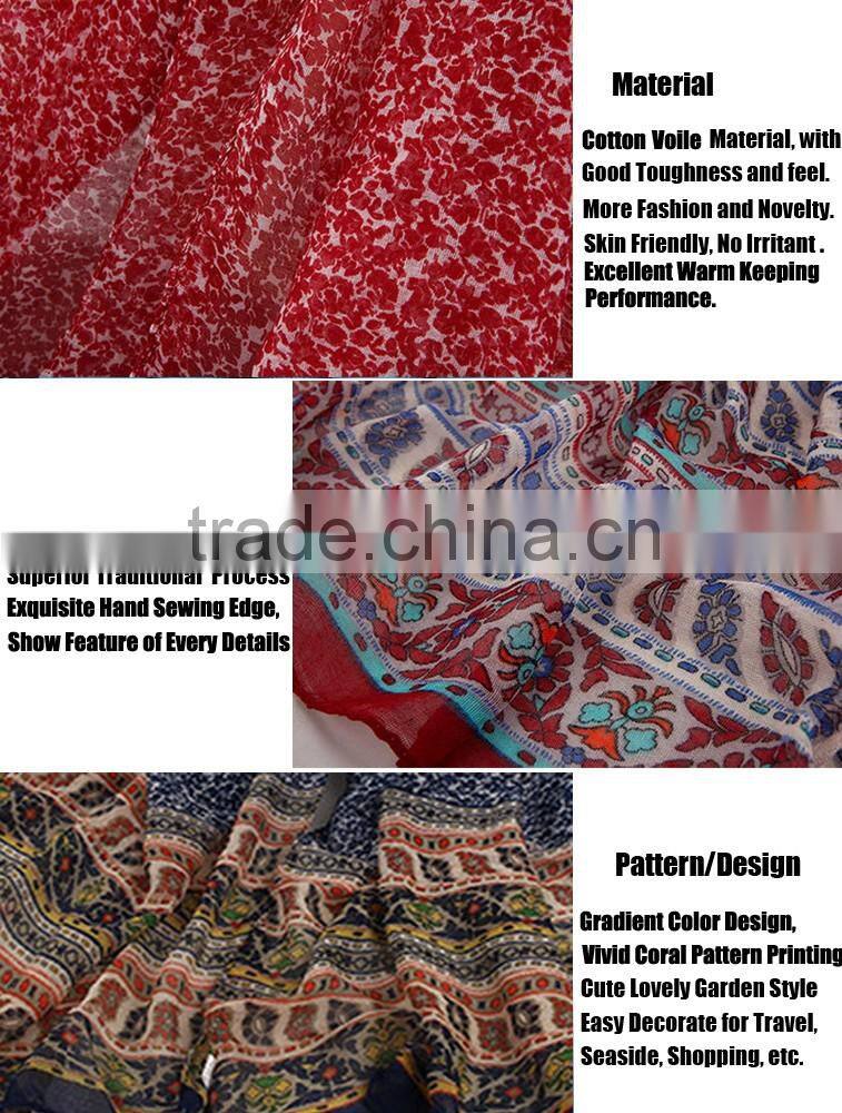 Large Fashion Girls Women Shawls and Stoles Scarf Wraps 100% Cotton Voile Hyacinthus Orientalis Pattern with Tassels Design