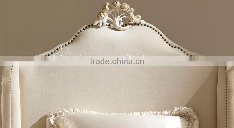 French style concise design solid wood flower carving fabric single bed