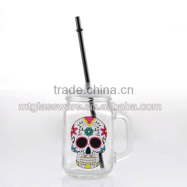 16oz Halloween Theme Skull Decal Glass Mason Jar with Handle
