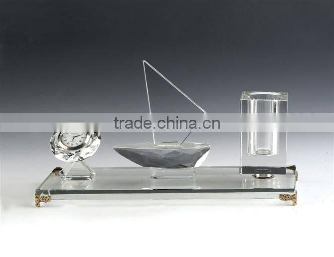 JINGYAGE Office Table Set Crystal Clear Pen Holder With Clock