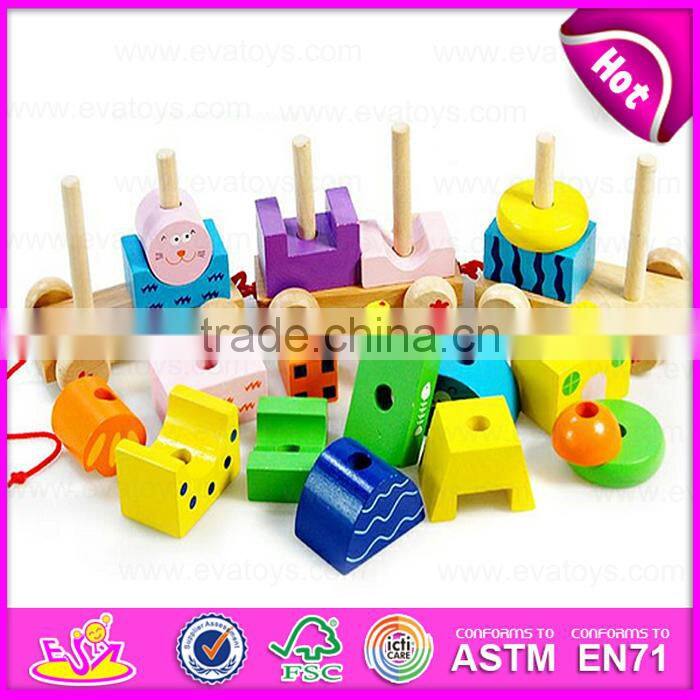 Kids wooden train set pull along toy,Wooden block train toy for children,Pull Shape Block Train Toy W05C021