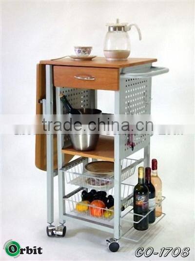 Metal hotel room service cart with wheels, restaurant food service trolley
