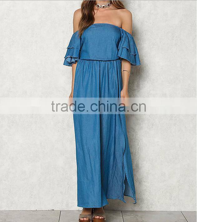 Blue Chambray Off Shoulder Bell Sleeve Maxi Denim Jeans Dress Ladies Western Dress Designs HSd5281
