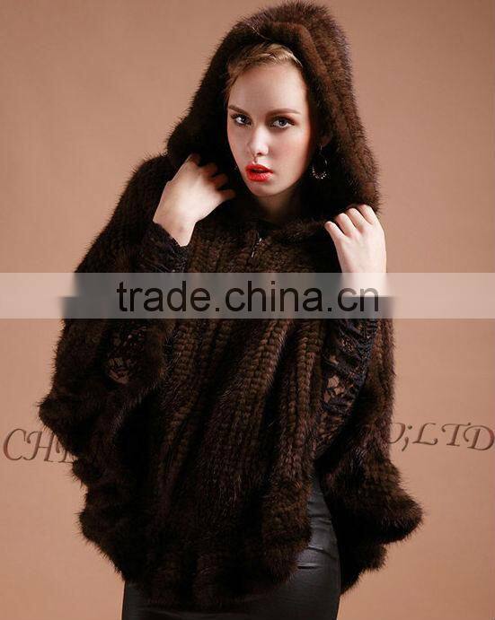 CX-B-M-06 Latest Womens Genuine Real Knitted Mink Fur Shawl Hoodied