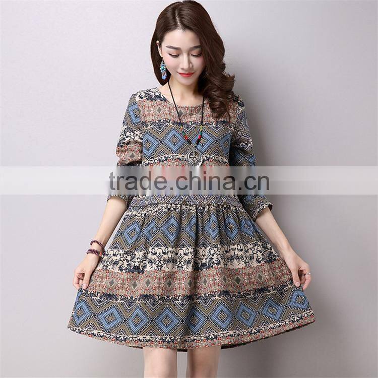 2017 new design Large size fashion ladies Retro national wind style ladies dress Cotton printed dress