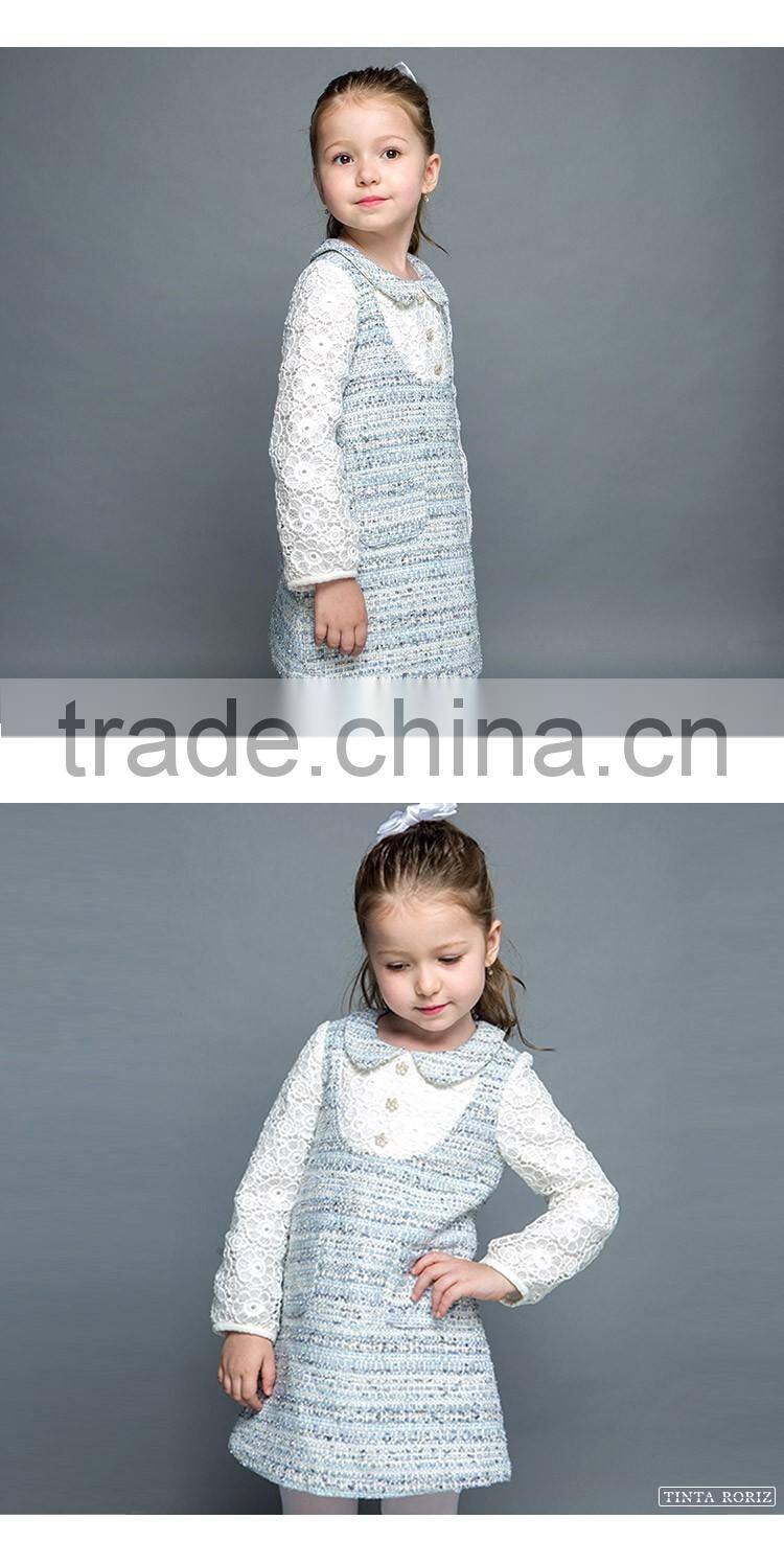 2017 Spring Girls Woolen A-line Dress Children's Clothing Lone Sleeve Lace One-pice Designs For Girl