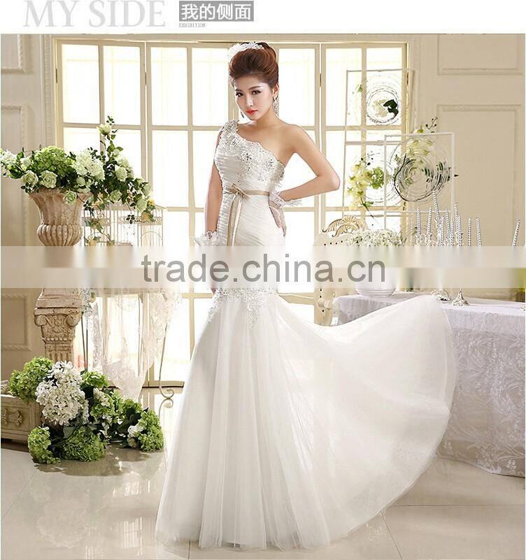 Sexy one shoulder long length back open evening dress fishtail wedding dress