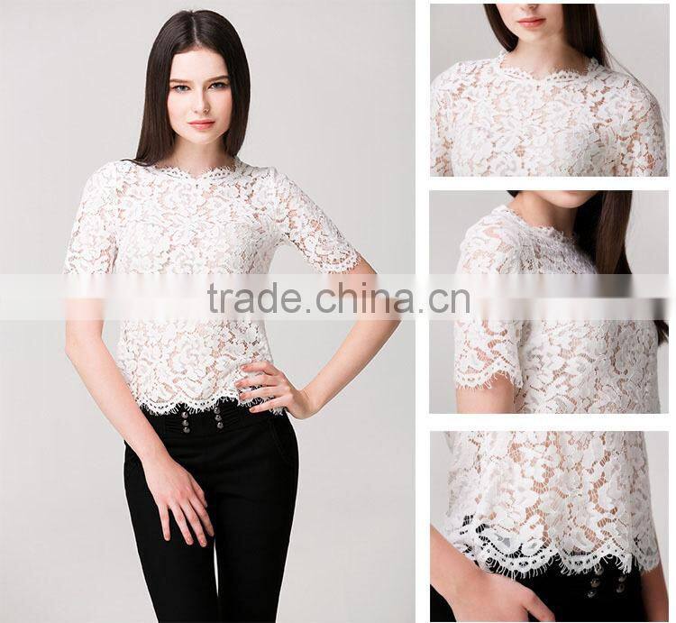 latest summer loose casual white fashion crochet lace blouse for middle aged women
