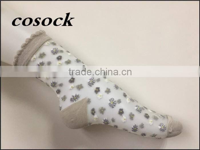 Flower jacqaurd women lovely ankle high transparent nylon summer socks
