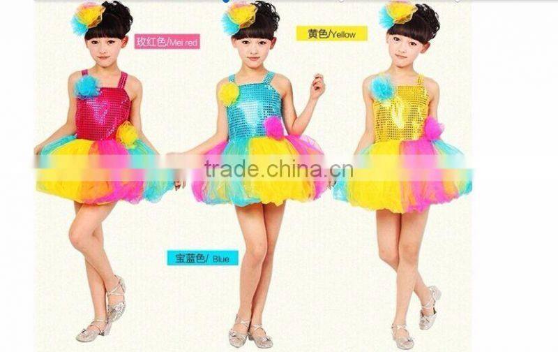 2016 lovely little girl stage performance dancewear, blue swquin, 3-color mesh