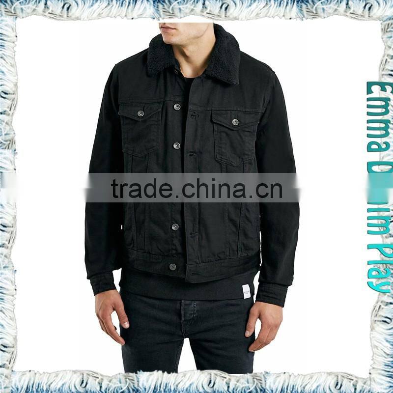 Medium Wash Fur Collar Black Denim Mens Short Jackets