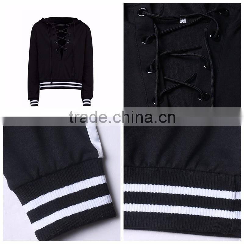 Ladies Black Plunge Laced Up Stripe Trims Cheap Hoodie Wholesale