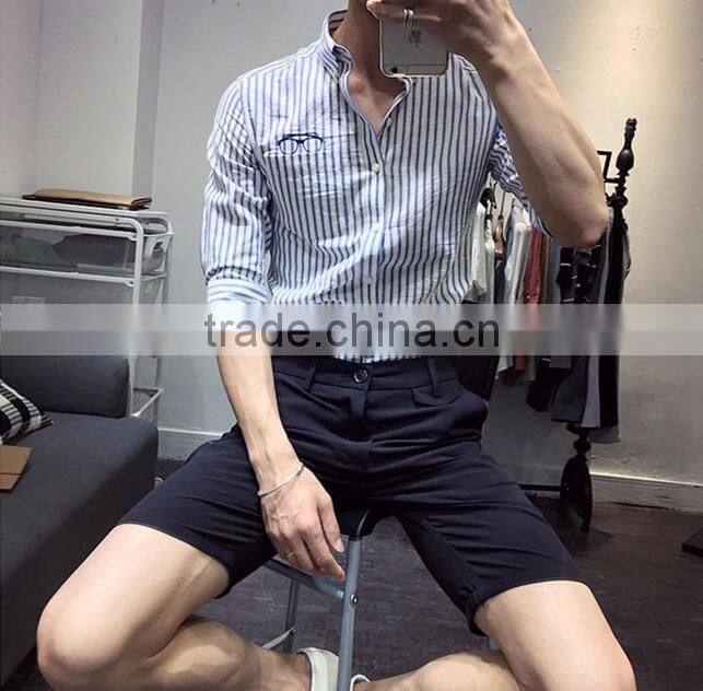 Cultivate one's morality men striped sleeves shirts washed cotton embroidery