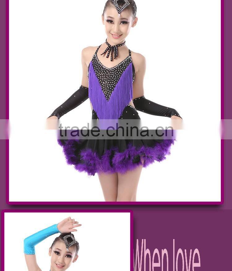 Kid Girl Sexy Open Back Feather Fringed Latin Dance Dresses Child Elegant Salsa Rumba Ballroom Dress