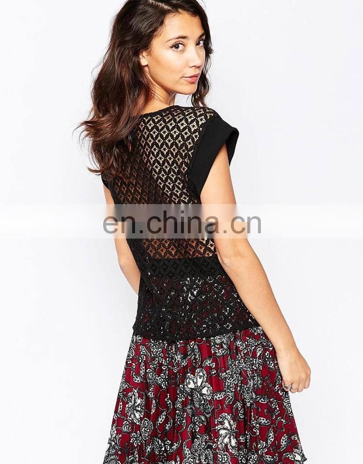 Wholesale ladies fabric Round neckline Lace Back Blouse