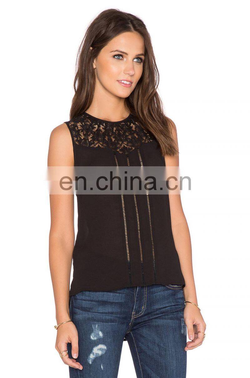 Black Lace with Half Sheer Material Images of Ladies Casual Tops