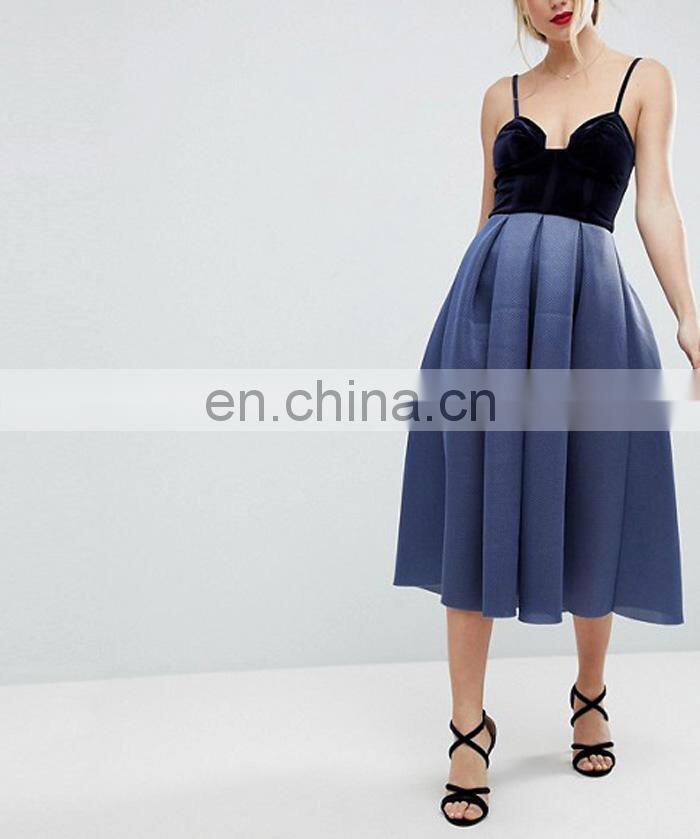 2018 Sexy Airtex Velvet Bodice Midi Strape Prom Women Dress