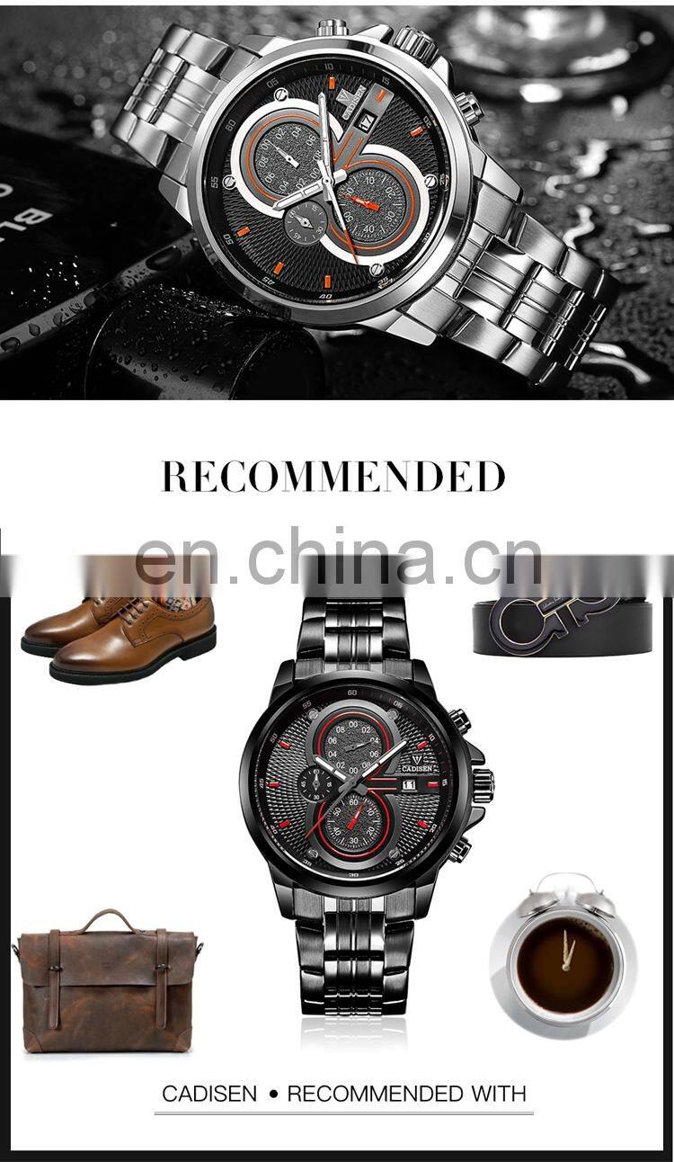 CADISEN 9054 Classic black metal stainless steel strap day showed quartz analog waterproof fashion watch man