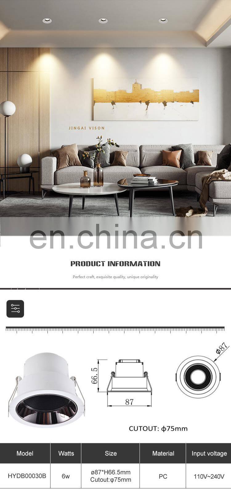 HUAYI China Manufacturer White Color Pc Dimming 6w Indoor Living Room Shop Recessed Mounted Led Spotlight