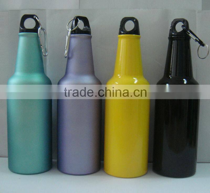 500ml aluminum beer shape sport water bottle with heat transfer logo and carabiner lid