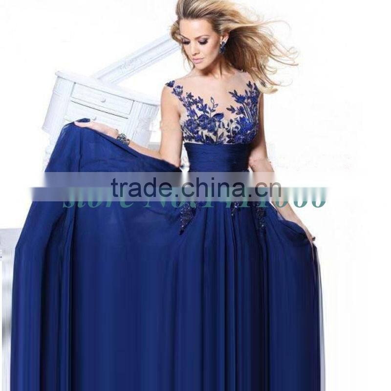 Actual Pictures! Stock 2015 Blue Charming Elegant Chiffon Appliques Natural long prom dresses for party new arrival