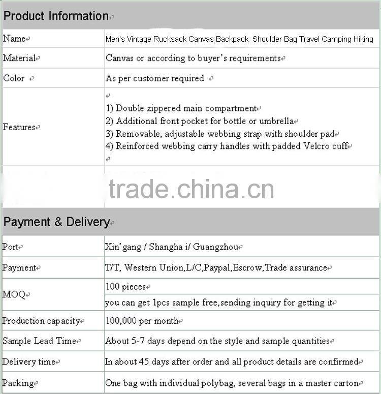 Women men Canvas Active Hiking bag Backpack Travel bag