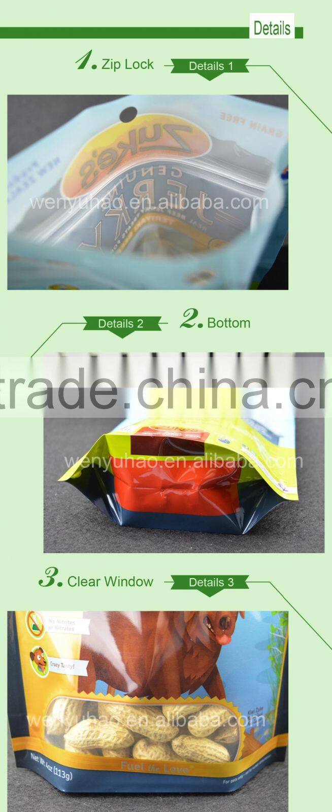 OEM custom made High quality stand up pet food bag with zipper top and clear window