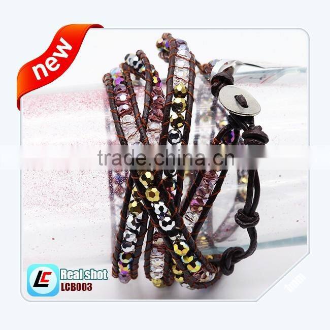 Latest Fashion Long Top Design Womens Leather Wraps Colorful Beads Bracelet