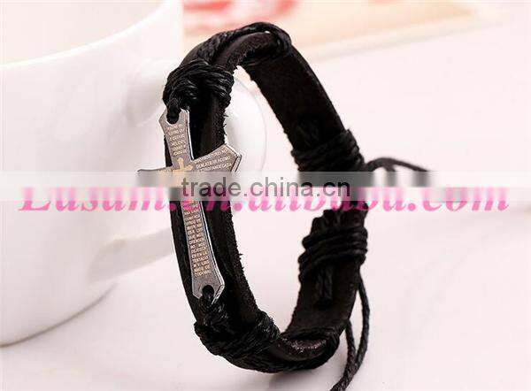 Black/brown cross with scripture leather bracelet,leather bracelet with cross
