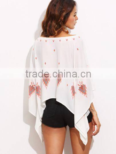 Blouses latest fashion design women clothing Multicolor Print Batwing Sleeve Asymmetrical Blouse