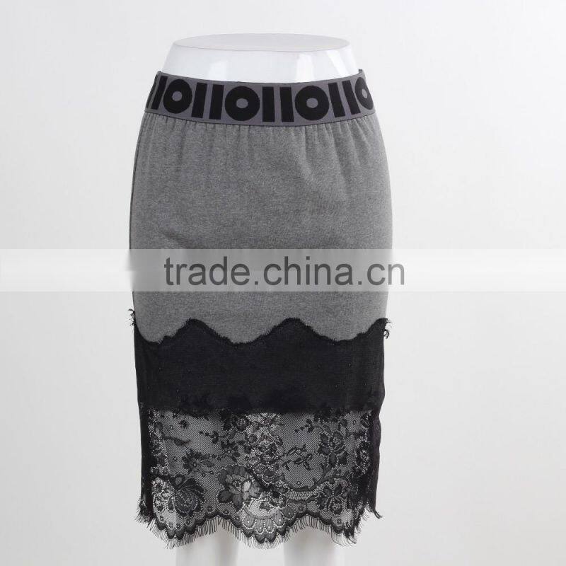 F5S43020 New Design Eyelash Lace Hem Skirt Women Fashion Fleece Midi Skirt