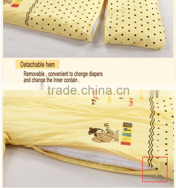 Children's 100% cotton baby sleeping bag detachable sleeve and detachable cotton fillings quilt for four seasons yellow color