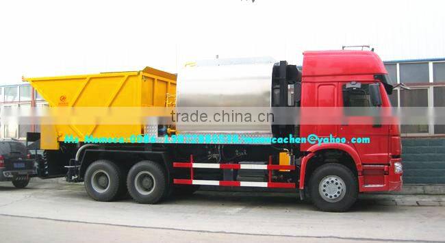 Howo 6x4 asphalt gravel chip sealer,asphalt synchronous chip sealer 8000L bitumen and 120000L stone