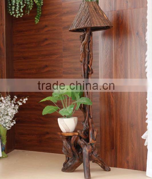 Southeast Asia Style Root Carved Plant Stand, Environmental Protective Wooden Flower Shelf, Double Layer Planter (BF01-X1165)