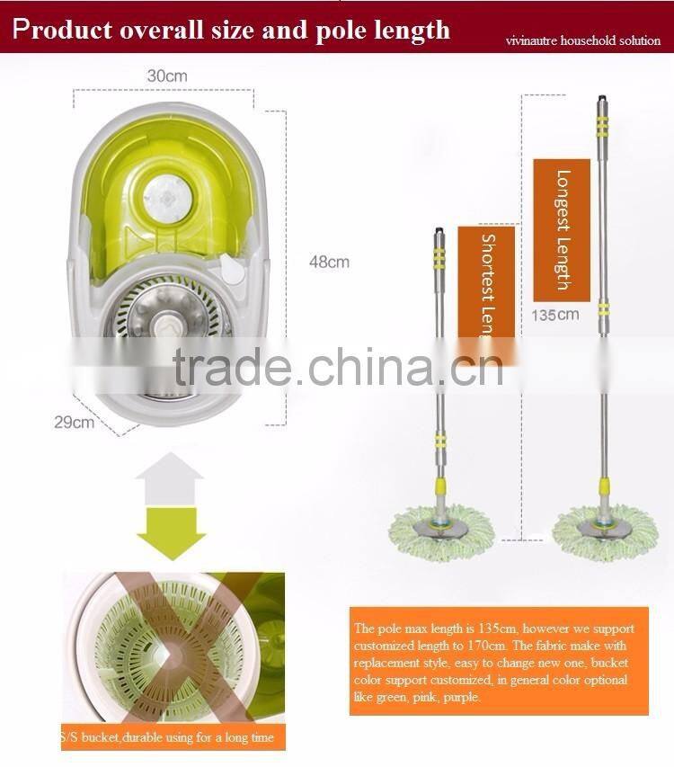 Vivinature retractable pole rolling spin mop two wheels 360 magic two mop heads with power saving system