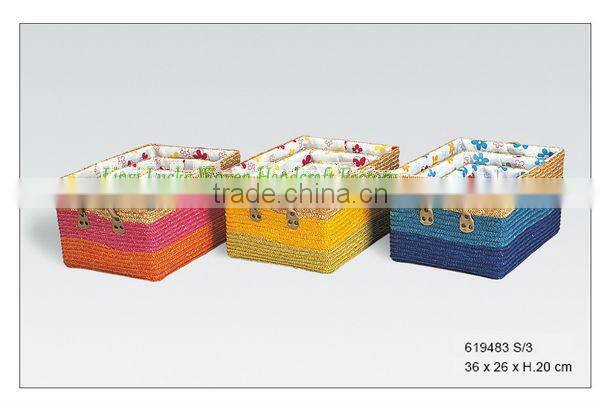 Cheap colored Rectangle straw storage basket with liner and handle