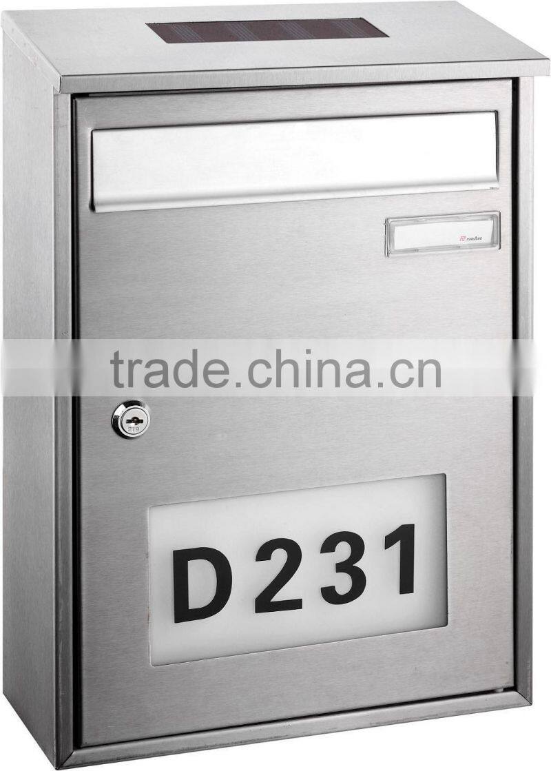 FQ-182 Solar Led Light Mailbox,Stainless Steel Letterbox with doorplate light